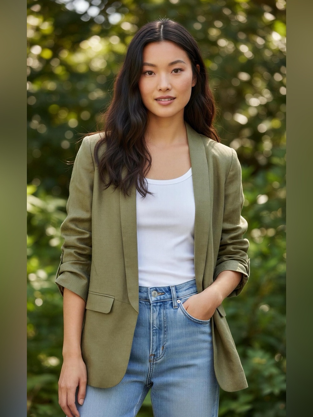 Zara Linen Blazer Sz Medium Olive Green Open Front Long Sleeve